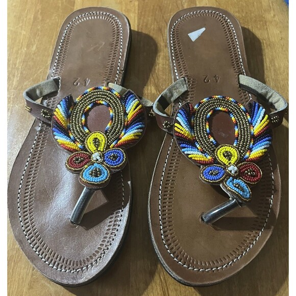 African Maasai Sandals‎ Leather Flip Flops Beaded Handmade 11 Shoes Boho EU 42 - Picture 1 of 5